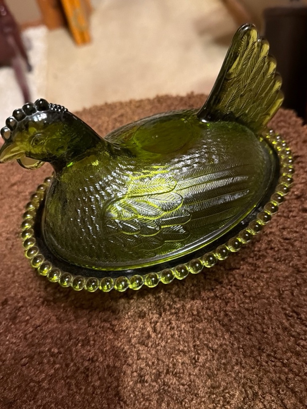 Decorative Glass Hen Dish in Olive Green - Elegant Bird Serveware